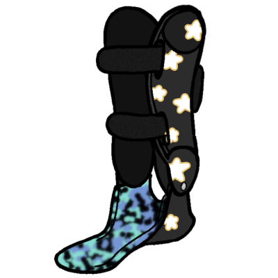 an AFO brace facing to the left. it has a black outside and patterned blue inside, and stars on the side.